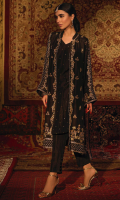 'Chandni Raat' is a contemporary raw silk front open jacket features stunning zardozi handwork in rich gold hues with accents of olive green resham and is finished with intricate pearls that creates a modern look. This alluring handwork is featured on the opening of the jacket, the borders are complimented with a modish arabesque jaal and finished with magnificent floral motifs on both sides. This jacket comes with an inner adorned with chan on it. The zardozi handwork is also delicately embellished on the sleeves that uplifts the look of this piece. This front jacket is finished with deep regal gold hue of banarsi finishing, creating a rich look of this design. This is paired with straight slit open black pants with loops finishing. The pouch can be made on customization as per order.