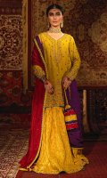 'Kasturi' channels a traditional charm and reveals in the beauty of this lime green short shirt with alluring zardoze work and resham in turquoise, purple and maroon. It is finished with a turquoise gota lace. This outfit is beautifully coordinated with a pure banarsi gharara with exquisite handwork. It comes with a reversible medium silk dupatta in purple and red with gota lace finishing and lime green paltawa with fabric tassels on the borders. Style this outfit with our chatta patti pouch with gota lace finishing and hand embellished dori tassel which can be separately ordered from separates section.