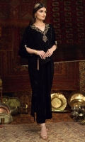 Laila, a black velvet kaftan dress, ideal for day to night transition giving you a unique look. It has a heavily embellished neckline of kora, dabka, aari and zari and brooch on sleeves.