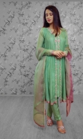 'Bella' is a graceful silhoutte in pastel green pure khaddi net front open kalidaar, beautifully encrusted with embroidery of kora, dabka and resham. It is paired with a shaded organza dupatta with screen printed finishing and lace, along with raw silk pastel green straight pants.