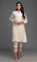 An all white pure silk organza shirt with creme and gold embroidered centre panel and sleeves with zari. The neckline is adorned with chain and pearls lace and hand embellishments on the sleeves to give a more formal yet classy look.