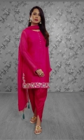 'Delilah' as beautiful as it sounds is an ethereal article, a pure khaddi net shirt with exquisite craftsmanship on the daaman. With handmade buttons on the neckline and pearls on the sleeves, it sings a song of elegance and sophistication in bright pink ensemble. It is paired with a matching khaddi net pink dupatta with lace and handmade tassels, along with raw silk tulip shalwar.