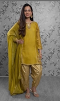 'Kiara' is a short pure khaddi net shirt in the color olive green. It has heavy embroidery of resham, kora and dabka styled with a keyhole neckline and straight embroidered sleeves for a shimmering look. It is complimented by an olive green khaddi net dupatta with gold lace finishing, along with raw silk screen printed tulip shalwar.