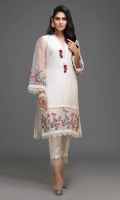 An all white pure silk organza shirt with pleated neckline and embroidered brooches. Shirt is adorned with floral embroidery on the daaman and 3D embroidery on the sleeves, embellished with lace, pearls and scallops