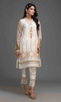 An all white pure silk organza shirt with beige, coral and silver zari embroidered front and sleeves. The shirt is beautifully adorned with organza pleats on daman.  Neckline is hand embellished with hand crafted pearl tassels.