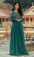 Emel is a long floor length dress in bottle green chiffon, this silhouette has been hand embroidered with aari, mirror work, gota and with accent of resham. Full sleeves are given with hand embroidered cuff attaching on finger. It is paired with straight matching pants. 