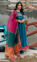 Sila is a long blue net peshwas with intricate handwork on the bodice and appliqué fabric on the sleeves. The hem of the dress has a screen printed border on contrasting pink pk raw silk. It is paired with a matching blue dhaka pajama and a multi coloured organza dupatta in shades of pink, deep green and orange.