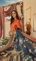 Shagaf, a trendy straight cut shirt in rust with heavy cutwork embroidery on sleeves and neckline, pintucks on sides. It is paired with straight scalloped pants with organza. A navy blue digital printed shawl is paired with handmade tassels making it your go-to for this winter season.