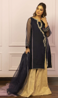 Arzaq is a navy blue organza kurti with an angrakha style neckline that is embellished with pearls, sequins and dabka handwork. It is enhanced with laces on panels and sleeve borders with a fancy tassel on the front. It is paired with a golden maysuri net gharara and a stylized 2 toned organza dupatta.
