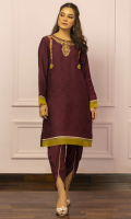 Jaamni is a purple straight shirt in pure jacquard paired with a matching tulip shalwar. It has intricate hand embroidery with ari, gota and sheesha, finishing with dhaani green organza paltawa and laces. 