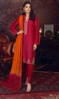 pure raw silk outfit in Rose red with heavy handcrafted embroidery of kora, dabka, aari, zaari and french knots on band collar, neckline, sleeves and damaan. It is paired with tone toned pure chiffon dupatta. 