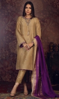 'Zaina'' A stunning gold attire meticulously crafted with gold and silver dabka work on the neck line and sleeves, The shirt and sleeves are adorned with embellishments on mauve embroidery motifs with finishing details of purple hue. It is paired with an eye-catching screen-printed double color pure silk dupatta with gold details.