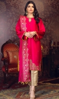 'Nazneen'' A fuchsia pink remarkable outfit enlightened with hand embroidery on the neckline with intricate dabka work on the neck-line and delicate hand embroidery on the daman to give it an utter complete look with lime green finishing added on the sleeves and daaman. It is paired with a pure silk dupatta with screen-printed border with lime green tassle details.