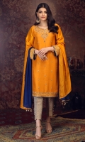 'Samar'' an epitome of elegance. This ensemble is embellished with dabka, zaari, aari and zardosi work on the neck-line, sleeves border and daaman. Perfect for mayoun and dholak festive's. The exquisite attire is paired with a chrome yellow pure silk dupatta with a deep blue dye to add a contrast and intricate dangling lace at the edging.