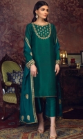 'Amaani'' is enriched with high quality pure raw silk. It is a straight mid-length emerald green shirt with round neckline and full sleeves. Neckline and sleeves are intricately adorned with kora, dabka, zaari ,aari and regal stones. It is paired with our signature gold screen printed pure silk dupatta with loops finishing. 