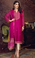 'Deeba'' a definite ready to wear for the festive wardrobe. A straight line magenta shirt,alluring in pure raw silk fabric with geometrical hand crafted neckline,incorporated with kora, dabka, aari, zaari. Sleeves are screen printed with accent lime green finishing on sleeves and shirt hem. It is paired with a pure silk dupatta with screen printed borders and edging lace to give it a elegant look. 