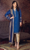 'Eshal' is a royal blue, intricately hand crafted shirt in pure raw silk fabric. Neckline, sleeves and daaman are accentuated with heavy handwork of kora, dabka, aari, zaari and stones for a shimmering look. It is paired with a pure silk screen print dupatta styled with leaves dangles at the edge of duppata. 