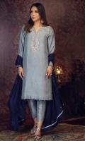 'HOOR'' an impressive outfit with the tinches of silver embellishment on neckline and adorned with silver sequins on shirt to give a sparkling look. Contrasting color of blue and silver screen print is given for the finishing on neckline, sleeves and damaan. It is paired with a navy blue pure silk dupatta adorned with silver sequins adding color to the subtle attire.