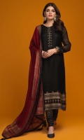 'Maeve' is a long black screen printed khaddi net shirt with elegant buttons on the neckline. It is intricately adorned with kora, dabka and resham. The shirt is paired with a contrasting khaddi net dupatta in maroon with gold screenprint and black finishing with lace detail, along with screen printed raw silk churidar.