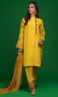 'Pinar' is a perfect spring wear. A yellow raw silk shirt with our signature screen print on the neckline and sleeves. Adorned with buttons on the neckline with kora, dabka and resham on the sleeves and front. It is paired with a yellow khaddi net dupatta with screen print finishing and hand crafted embellishments.