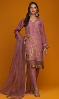 'Waniya' pretty mauve raw silk shirt with geometric and floral two toned screen print inlaid with kora, dabka and resham for a luxurious look. It is paired with an organza dupatta finely finished with screen printed borders and hand embellishments on the edges. 