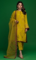 'Dhanak' a lime green, contemporary floral screen printed raw silk shirt accentuated with resham, kora, dabka and hand crafted buttons on the neckline. It is accentuated with screen printed finishing in an accent color. Paired with a net screen printed dupatta with finishing on all 4 sides.