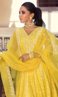 A classically elegant look in this unique yellow allured with intricate embroidered floral all over with detailed border and lace trims. Pair it up with straight pants and yellow organza dupatta finished with embroidered border all around.