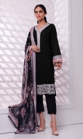 This graceful black kurta with an embroidered daaman and neckline is a beautiful addition to your wardrobe. A touch of pink lace on the sleeve amps up the femininity of the ensemble. It comes with a beautifully printed chiffon dupatta finished with lace trims all around the edges. Pair it up with these straight pants to complete the look.  *The height of the model is 5’6”. *The length of the shirt is 39 inches and the length of pants is 37 inches.
