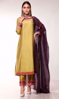In perfect shade of olive green. This long shirt is accentuated with intricate embroidered neckline and colorful floral daaman featuring all over the chaaks. Sleeves are furthermore enhanced with embroidered floral bunch and colorful gotta details. It comes with chatapati and gotta detailed ijaar pants and plum colored organza dupatta.