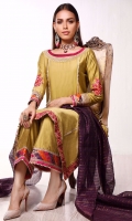 In perfect shade of olive green. This long shirt is accentuated with intricate embroidered neckline and colorful floral daaman featuring all over the chaaks. Sleeves are furthermore enhanced with embroidered floral bunch and colorful gotta details. It comes with chatapati and gotta detailed ijaar pants and plum colored organza dupatta.