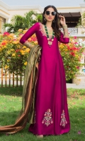 Make a dazzling impression in our appealing magenta gown highlighted with intricate embroidered neckline and vintage floral bunches all over the daaman. It is paired with plain magenta pants and a beautiful striped two-toned organza dupatta which completes the look with pure elegance.