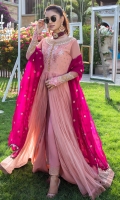 Steal the event with our voguish and front open anarkali emphasized with new fashioned crushed flare all over the front and back finished with intricate embroidered border, sleeves and neckline. It is accompanied with straight pants highlighted with intricate embroidered border and polka doted lustrous magenta dupatta with golden triangles all over the edges.