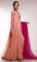 Steal the event with our voguish and front open anarkali emphasized with new fashioned crushed flare all over the front and back finished with intricate embroidered border, sleeves and neckline. It is accompanied with straight pants highlighted with intricate embroidered border and polka doted lustrous magenta dupatta with golden triangles all over the edges.