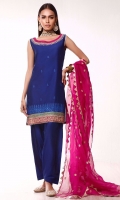 Noor is rendered in bold shade of cobalt blue with monotone embroidered daaman along with intricate embroidered border on magenta canvas. Beautifully Embroidered neckline instantly draws everyone’s attention to this outfit. It is paired with blue shalwar. You can finish the look with choice of your dupatta.