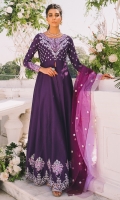 A majestic deep purple front open gown is adorned with embroidered neckline and motifs. It is furthermore enhanced with embroidered scallop border and motifs at the bottom. Paired with straight pants and two toned organza dupatta.