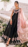 A classically elegant black front open gown features embroidered neckline, floral motifs and scallop border all around. Paired with black pants and pink organza dupatta.