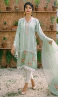 A beautiful pistachio green, self cotton net kurta with digital print inserts on the hem. The kurta is enhanced with lace trimmings all over. The neckline is ornamented with hand embellished organza flowers and angled sleeves are also enhanced with lace trimmings and digital print finishings. Length of shirt 40 inches