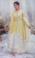 Beautiful flowy angrakha in exclusively woven chiffon jacqaurd for Zainab Salman, with a hand worked neckline with signature tassels. The thread embroidered motifs and thick worked border on hem and sleeves complete the look. It comes with a slip.