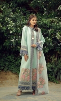 Woven Embroidered Self Jacquard Front 1.25m Woven Self Jacquard Back 1.25m Woven Embroidered Self Jacquard Sleeves 0.75m Cotton Trousers 2.5m Embroidered Cotton Net Dupatta Embroidered Daman Border Embroidered Daman Border  Embroidered Neck Border  Embroidered Sleeves Border  Embroidered Trousers Border  The gorgeous miniature embroidery works well with a unique pastel palette. The Woven Embroidered Self Jacquard Front juxtaposed with  Embroidered Cotton Net Dupatta And Trousers Border this feminine piece should be your credo.