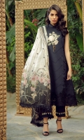 Self Embroidered Front 1.25m Self Embroidered Sleeves 0.75m  Lawn Back 2.5m Cotton Trousers 2.5m Digital Printed Pure Silk Dupatta  Embroidered Daman Patch Embroidered Neck Patch  Embroidered Sleeves Border Embroidered Neck Border  Embroidered Trousers Motif Embroidered Birds Motif Navy Self Embroidered Front makes this one a power suit with the added  Daman and neck Patch. This comes out to be an interesting amalgamation of print and colours.