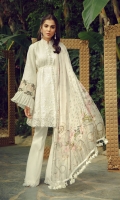 Self Embroidered Front 1.25m Self Embroidered Sleeves 0.75m  Lawn back 2.5m Cotton Trousers 2.5m Embroidered Daman Patch Embroidered Neck Patch  Embroidered Sleeves Border Embroidered Neck Border  Embroidered Trousers Motif  Embroidered Birds Motif 