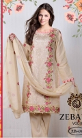 - Cotton Printed Embroidered Shirt, Chiffon Dupatta with Dyed Plain Trouser.