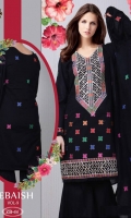 - Cotton Printed Embroidered Shirt, Chiffon Dupatta with Dyed Plain Trouser.