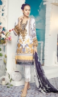Digital Printed Embroidered Front – 1.25 M Digital Printed Back – 1.25 M Digital Printed Sleeves – 0.66 M Digital Printed Chiffon Dupatta – 2.5 M Dyed Cambric Trouser – 2.5 M Front Neck – 1 PC Sleeves Border – 1.10 M