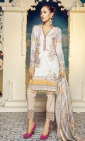 Digital Printed Front – 1.25 M Digital Printed Back – 1.25 M Digital Printed Sleeves – 0.66 M Digital Printed Lawn Dupatta – 2.5 M Dyed Cambric Trouser – 2.5 M Front Motifz – 3 PCs Front Neck Patti – 1.10 M Sleeves Border – 1 M Trouser Border – 1.10 M Duapatta Lace – 7.9 M
