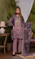 Digital and Embroidered Lawn Front  Digital Printed Back Lawn  Digital printed Sleeves Lawn  Digital printed Chiffon Dupatta  Dyed Cotton Trousers