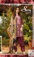 Unstitched Three Piece, Shirt Fabric:Embroidered Lawn  Includes:  Full Embroidered Lawn Front Embroidered Lawn Back Embroidered Lawn Sleeves Digital Printed Chiffon Dupatta Dyed Cotton Trouser