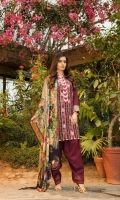 Unstitched Three Piece, Shirt Fabric:Embroidered Lawn  Includes:  Full Embroidered Lawn Front Embroidered Lawn Back Embroidered Lawn Sleeves Digital Printed Chiffon Dupatta Dyed Cotton Trouser