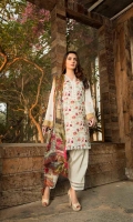 Unstitched Three Piece, Shirt Fabric:Embroidered Lawn  Includes:  Full Embroidered Lawn Front Embroidered Lawn Back Embroidered Lawn Sleeves Digital Printed Chiffon Dupatta Dyed Cotton Trouser