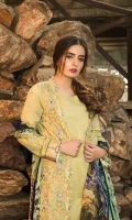 Unstitched Three Piece, Shirt Fabric:Embroidered Lawn  Includes:  Full Embroidered Lawn Front Embroidered Lawn Back Embroidered Lawn Sleeves Digital Printed Chiffon Dupatta Dyed Cotton Trouser